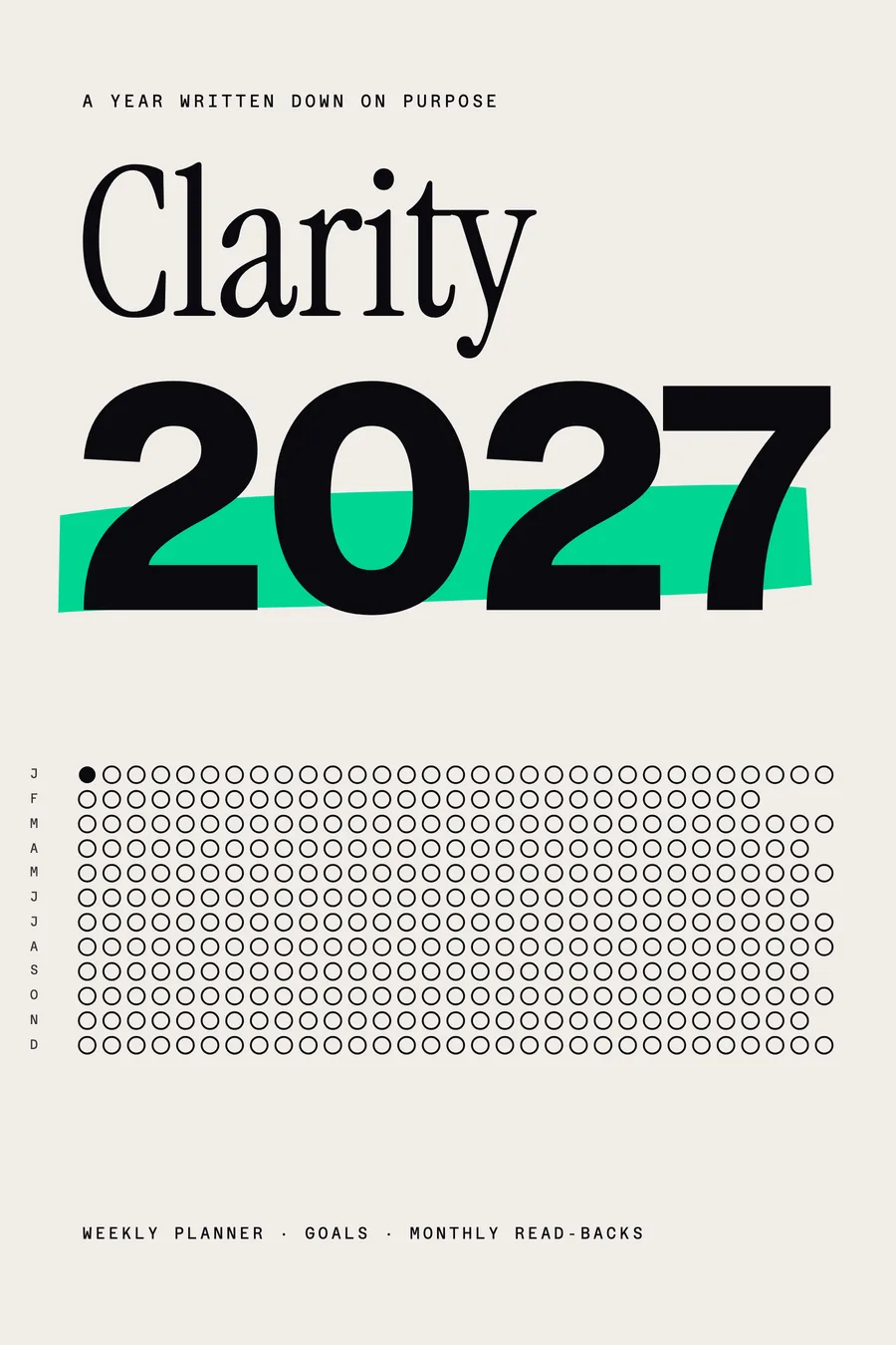 Cover of Clarity 2027: the word Clarity, 2027 in heavy numerals over a mint highlighter stroke, and the year drawn as twelve rows of dots