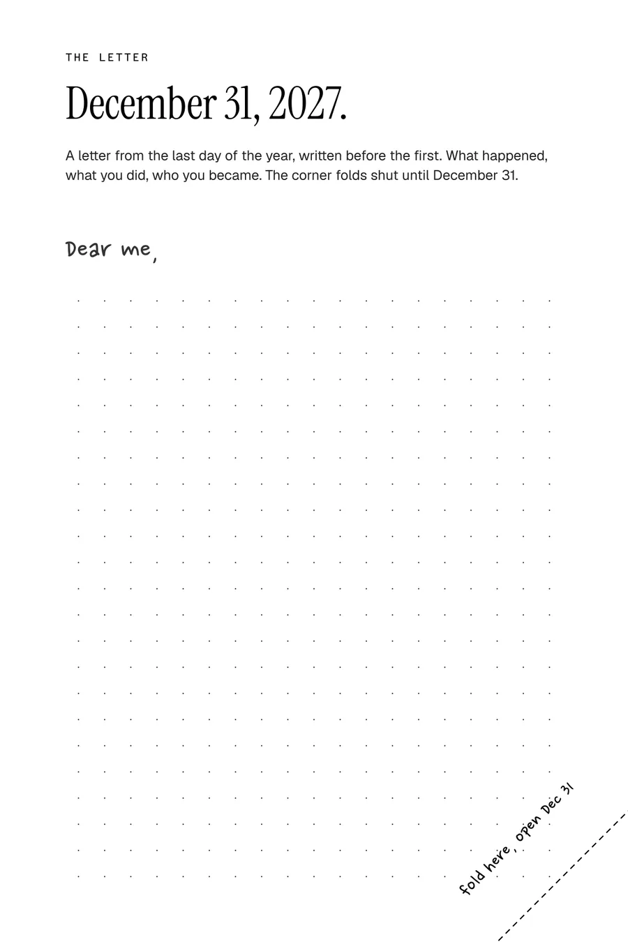 Page 3: a letter headed December 31, 2027, with a dashed fold line across the bottom corner
