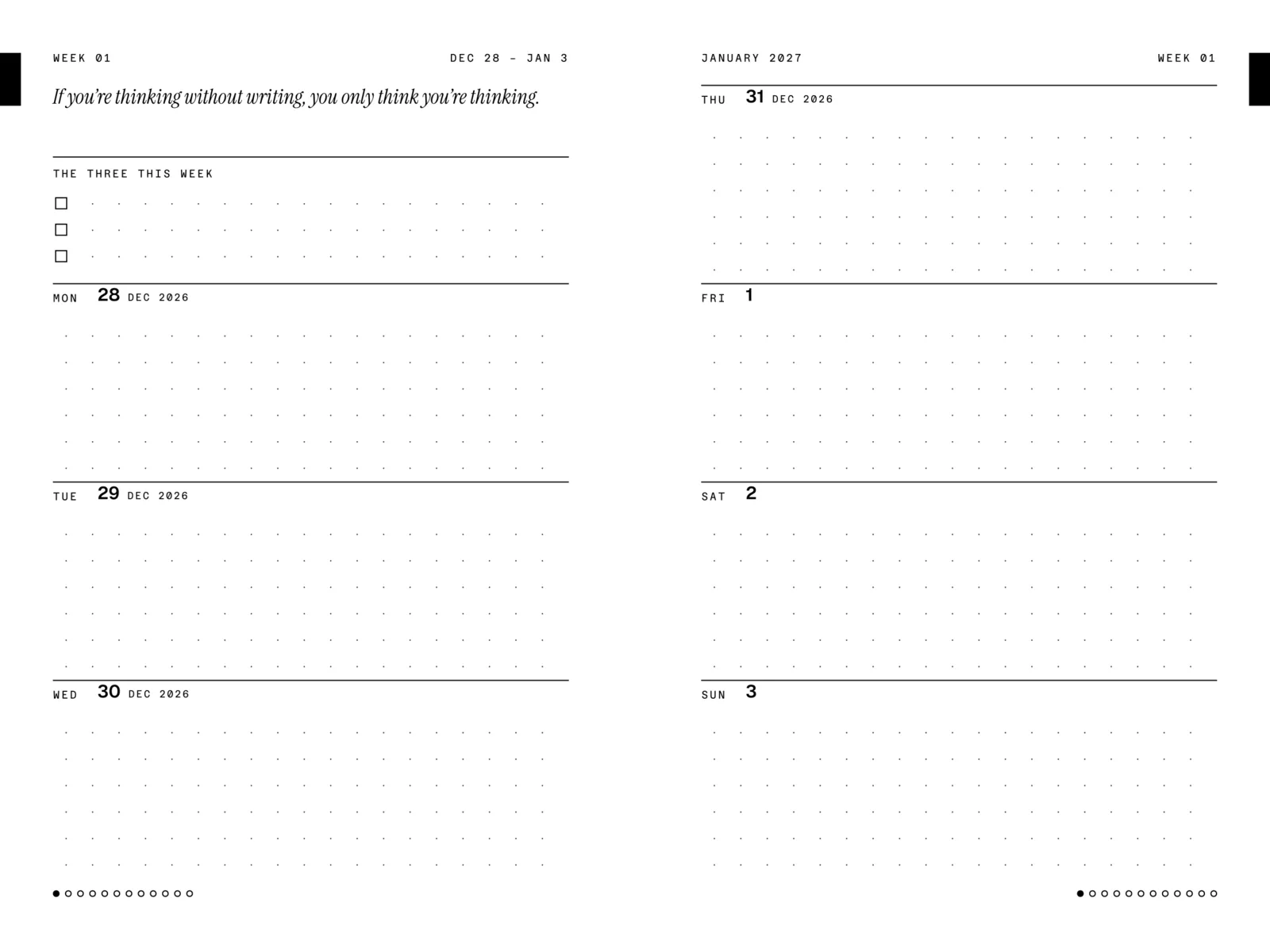 Week 1 spread, December 28 to January 3: a line at the top, the three this week, and a box for each day